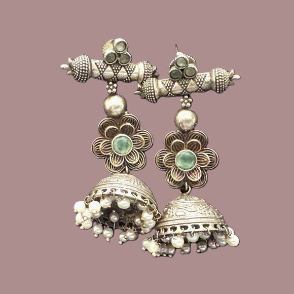 Handmade Jewelry - Handmade Silver Green Turquoise gems Jhumka Earrings with Pearl Accents EUC